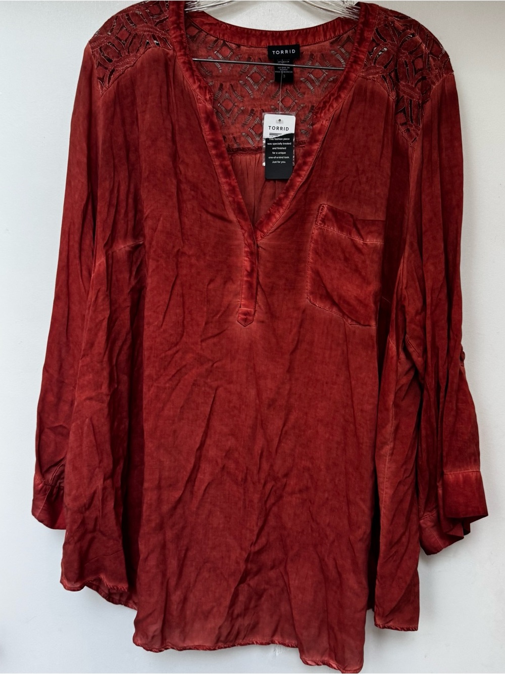 torrid Brick Red V-Neck Tunic with Lace Yoke